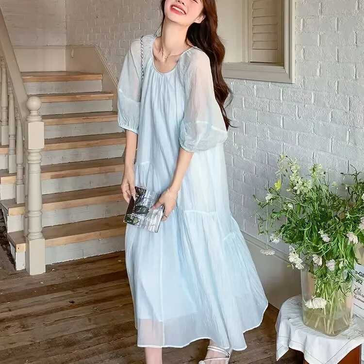 French Style Pregnant Woman Beach Dress Puff Sleeve Long Loose Maternity Sweet Holiday Dress Plus Size Ball Gown Chiffon DressesT250311