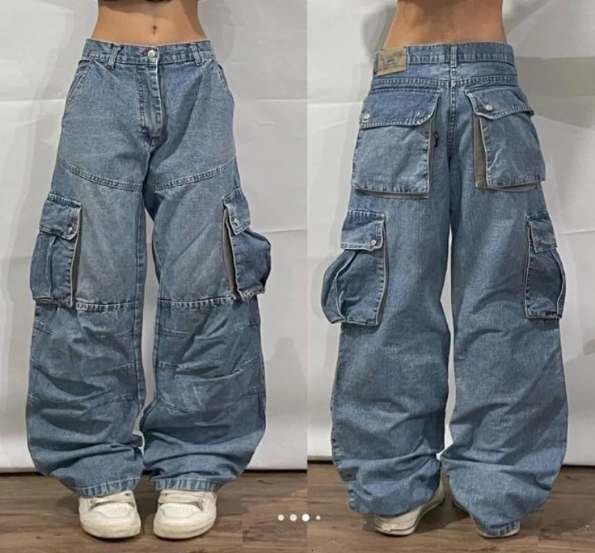 Streetwear Fashion Oversized Big Pockets Old Washed Jean Women Y2K Harajuku Hiphop High Waist Wideleg Trousers 250311