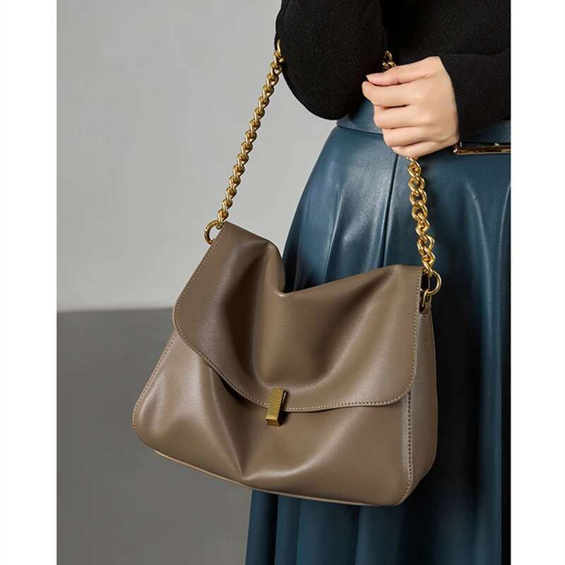 Toptrends Genuine Leather Large Chain Shoulder For Women 2025 Designer Office Messenger Bags Satchel Cow Ladies Handbags
