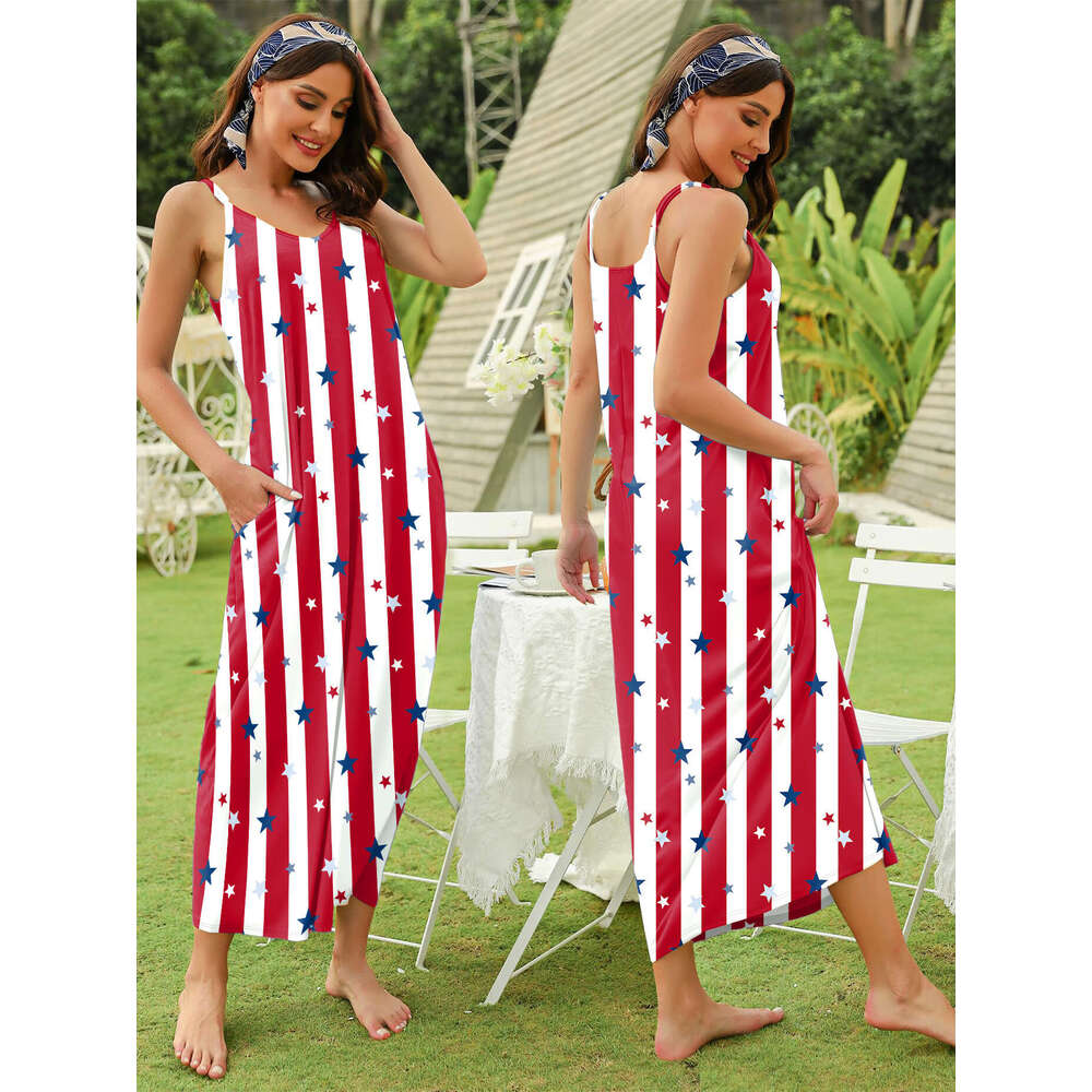 Summer European American Flag Printed with Strap Pocket Fashionable Women's Dress 2025 New Style Unique and Elegant Clothing