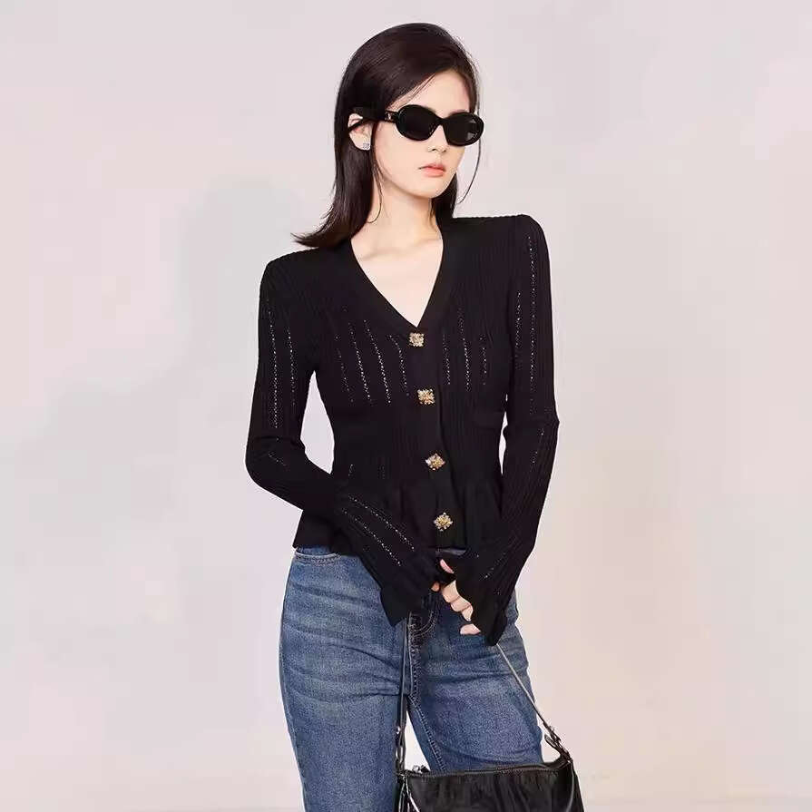 Autumn Diamond Decoration Long Sleeved Cardigan Temperament V-Neck Hollow Waist Knit Top Socialite Ruffle Edge Sweater