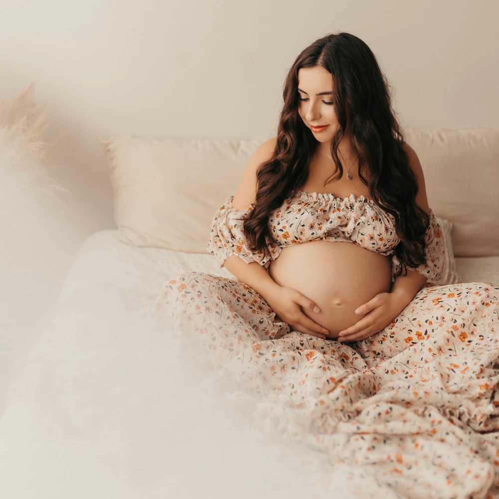 Photoshoot womens floral chiffon two-piece long sleeved and short sleeved baby shower top of the line maternity dress X250224