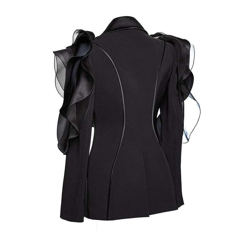 DEAT Fashion Black Three-Dimensional Splicing Ruffle Edge Blazer Women's Asymmetric Slim Fit Suit Jacket Spring 2025 New 7Ab8042