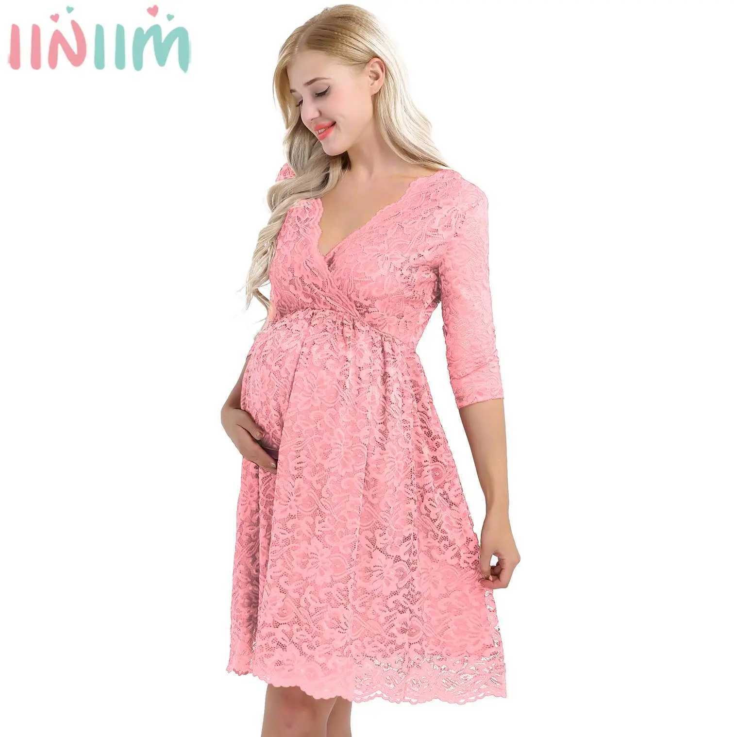 Womens Maternity Elegant Party Dress Floral Lace Overlay V Neck Half Sleeve Pregnant Photography Dresses for Wedding EveningT250311