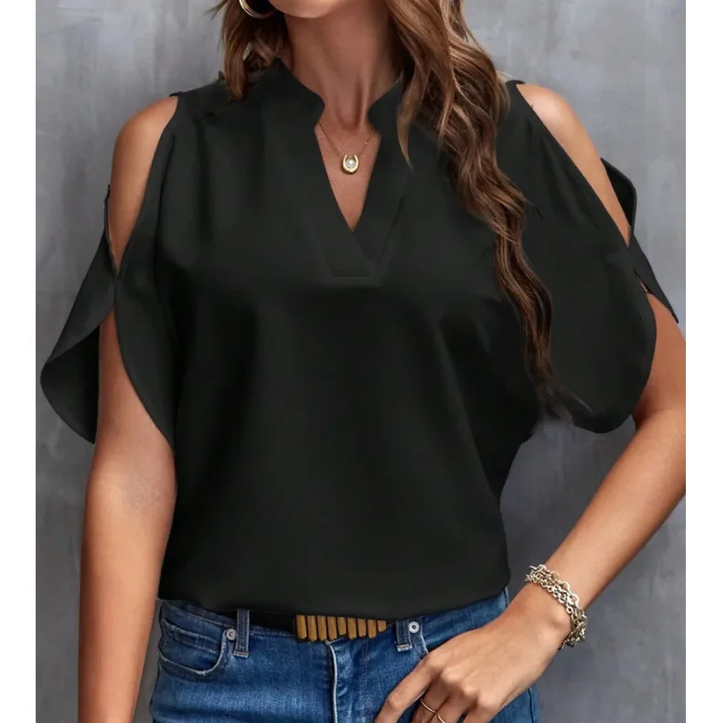 summer and autumn womens blouse shirt fashionable Vneck Solid Tops Short sleeved clothing 250311