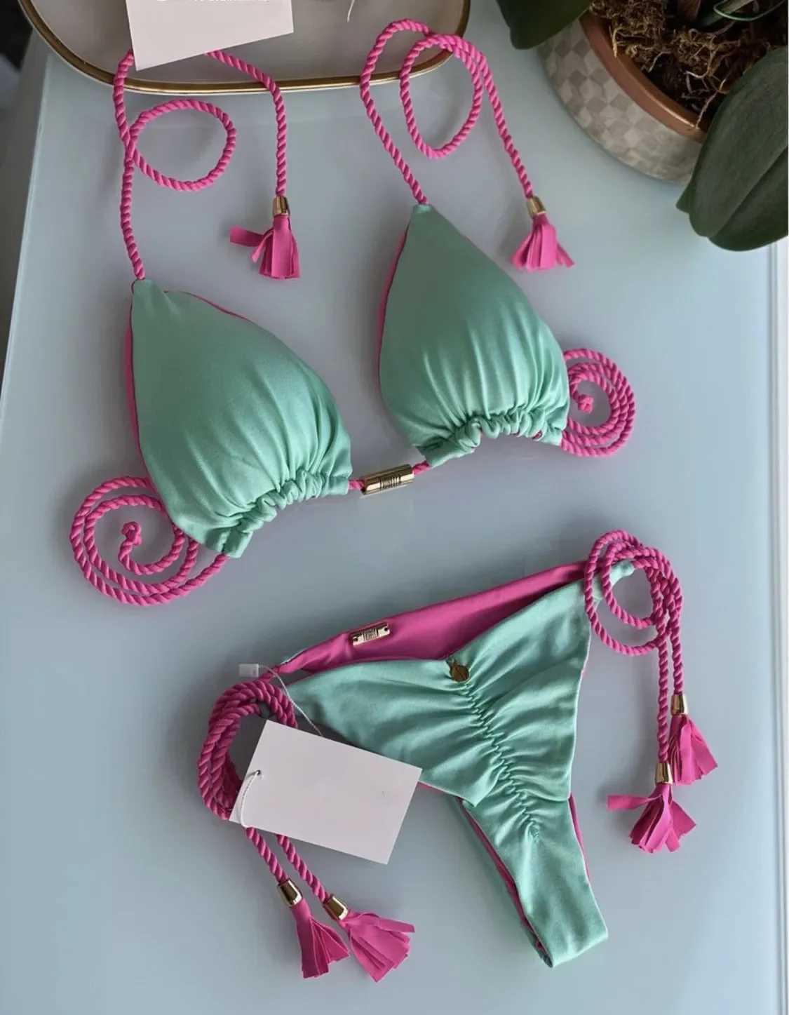 New Women Bikini Backless Rope Triangle Swimsuit Multicolor T250602
