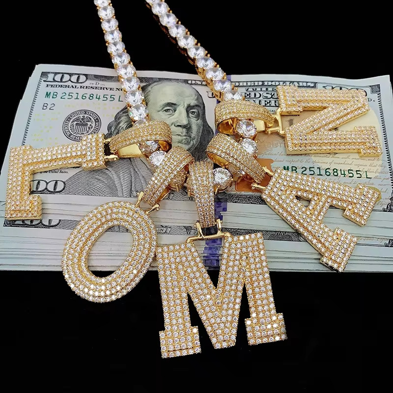 Ready to Ship Solid Gold Plated Micro Pave Cz Hip Hop Iced Out Alphabet Letter Charm Necklace