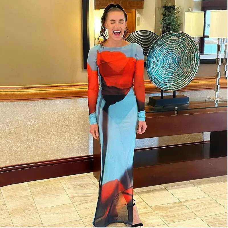 Sexy Womens Slim Fit Sheer Mesh Long Sleeve Ral Print Beach Dress Side Split Bikini Cover-Ups