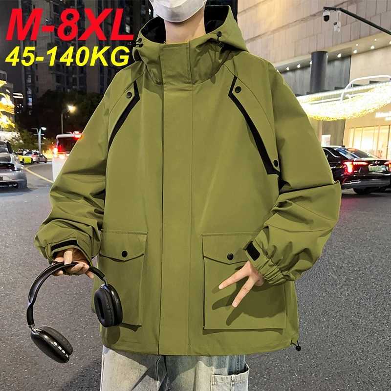 2025 New Spring Jacket Men Korean Fashion Unisex Hooded Windbreaker Multi-Pockets Casual Jackets Oversized Coat Plus Size 8XLT250311