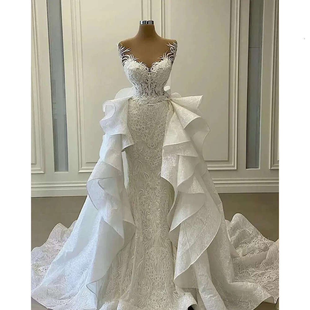 White Mermaid Wedding Dresses With Detachable Train Ruffles Lace Appliqued Bridal Gowns Plus Size Vestidos De Novia Custom Made
