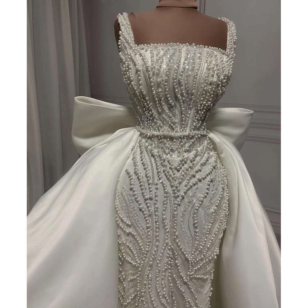 Pearl Mermaid Dresses, Elegant Square Neck Wedding Dress, Detachable Train, Bow Sleeves Tie Bridal Dress