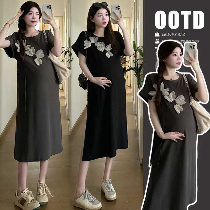 New Maternity Fashion Dresses Summer Maternity Senior Fashion Sense Ageing Mid-Length Short-Sleeved Loose Casual DressesT250311