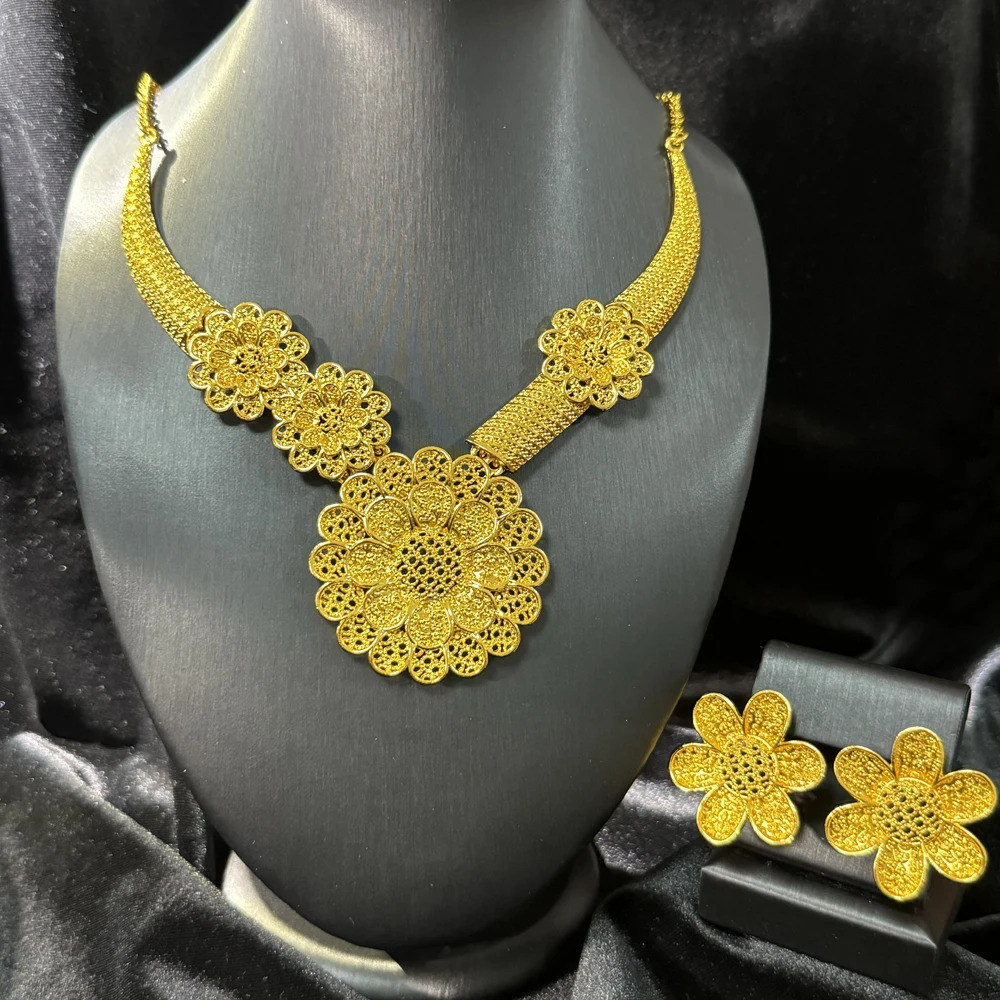 Dubai 24K Gold Long Jewelry Set Wedding African Necklace Earrings Nigerian Women Indian Bridal Party Gift 250311