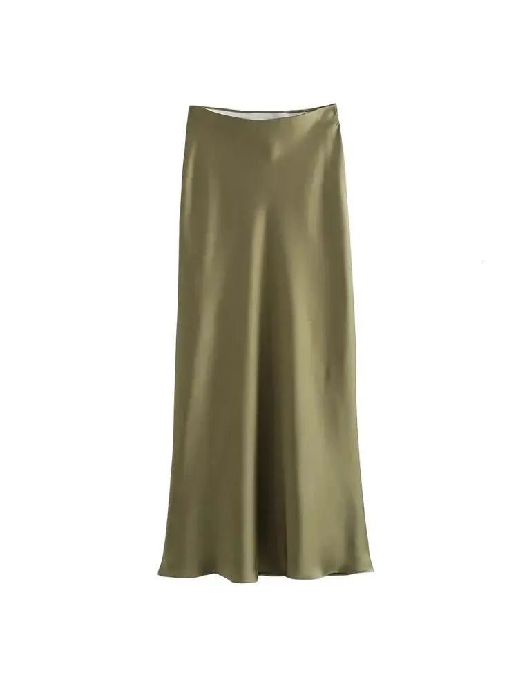 TRZAWomens Flowing Satin Midi Skirt High Waist With Elastic Waistband Female Skirts Chic Fashion 250311