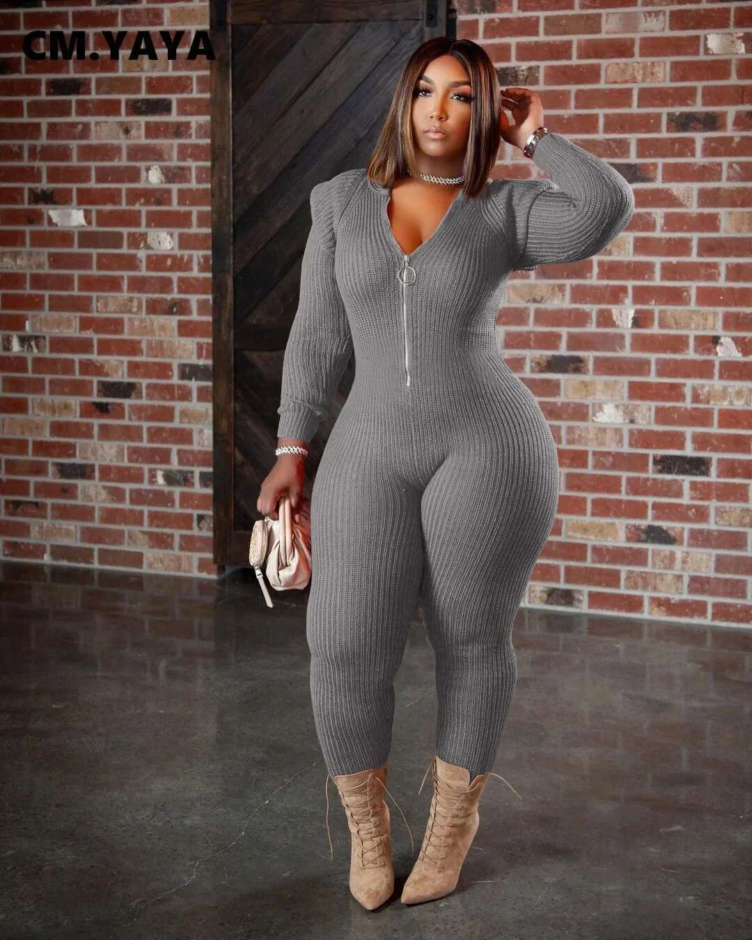 Cm.Yaya Winter Spring Knitted Women Zipper Fly Hooded Solid Sexy Jumpsuit Elegant Long Sleeve Romper One Piece Overalls Playsuit