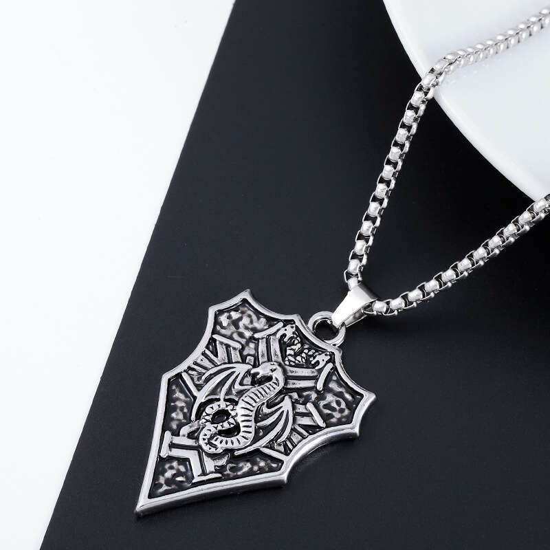 Dragon Knight Badge Shield Necklace Trendy Punk Titanium Steel Personalized Men's Hip Hop Pendant Sweater Chain