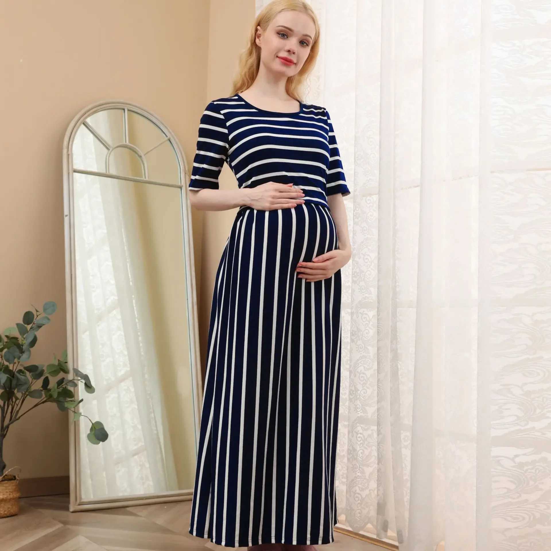 Striped Maternity Dress with Round Neck Comfortable Breastfeeding European and American Style Summer FashionT250311