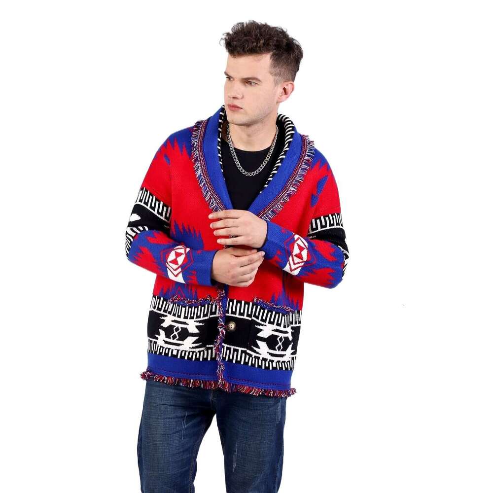 Men's Autumn And Winter New Jacquard Knitted Cardigan Ethnic Style V-Neck Loose Thick Sweater Jacket