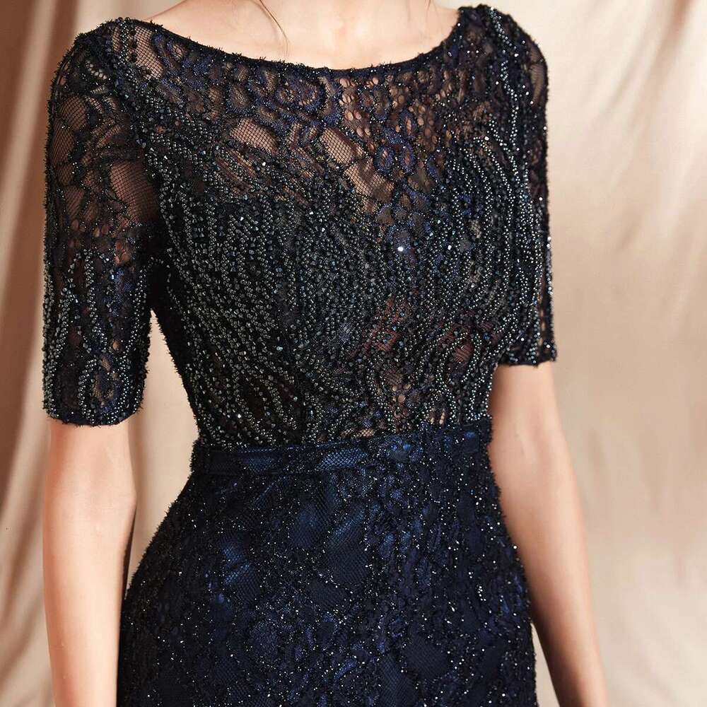 Stylish Navy Blue For Mother Of Bride, Lace Appliqued Beading, Wedding Guest, Up To The Knee, R, Formal Dress