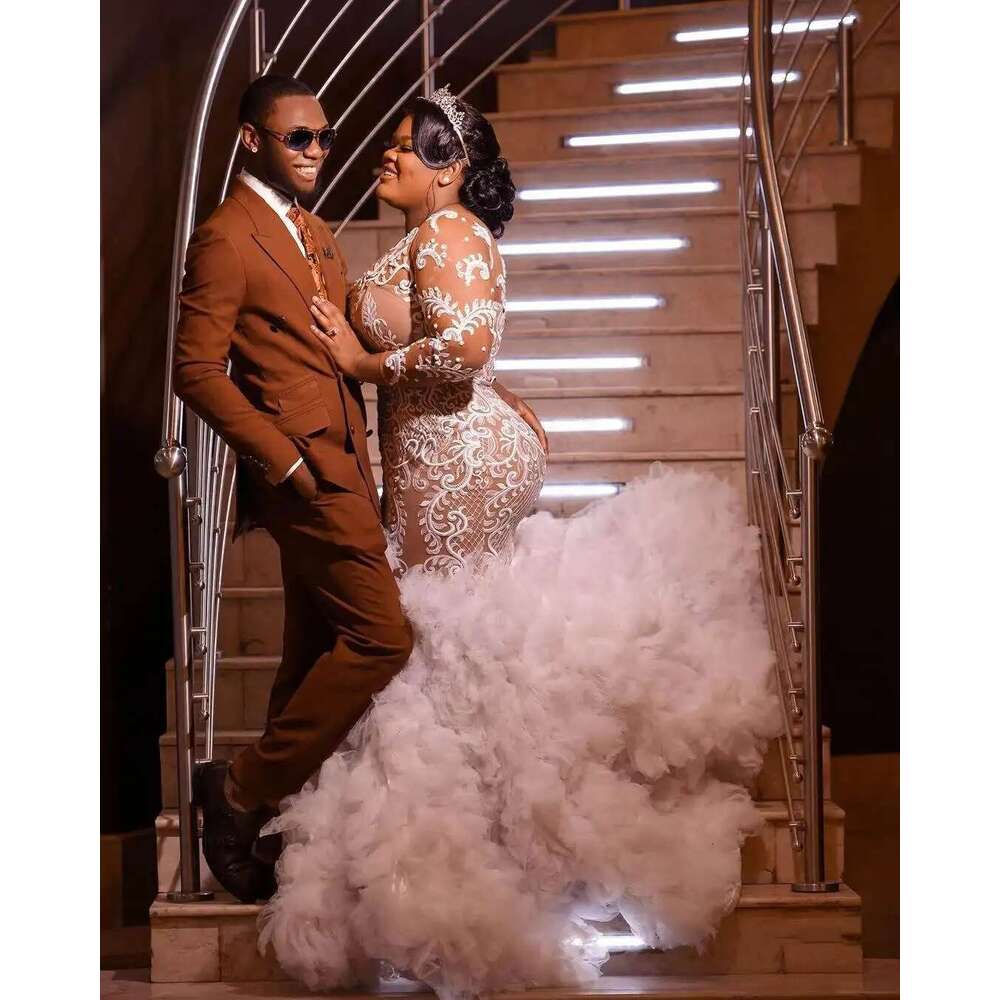 o The neck mermaid dresses female plus size full sleeve lace layered ruffled wedding dress