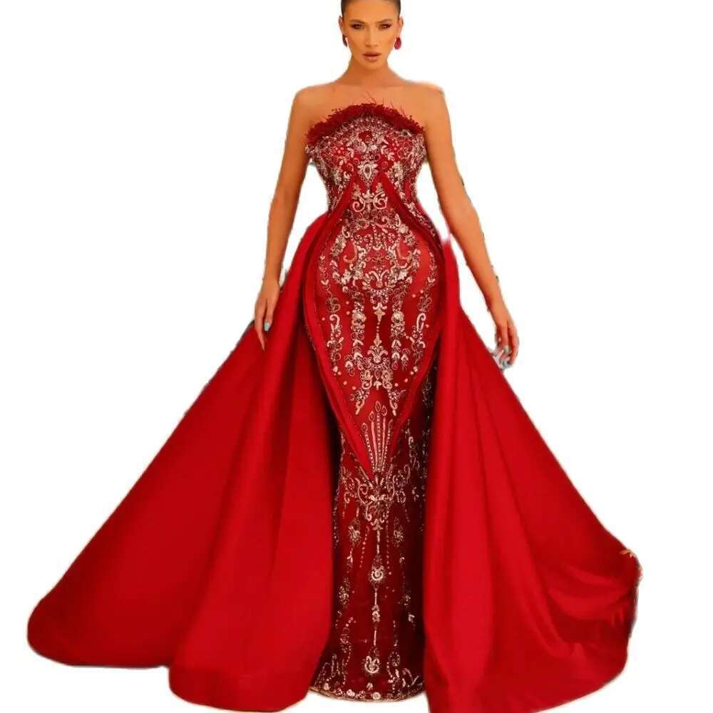 Red Strapless Evening Dresses Stylish Mermaid Feathers for Bride Custom Crystals Fringed Bridal Dress prom