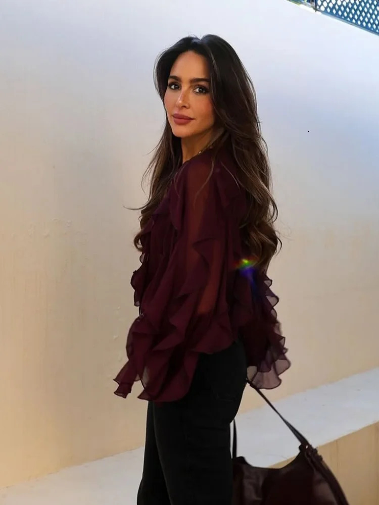 Fashion Chiffon Layered Ruffled Shirts For Women Elegant Single Breasted Puff Sleeve Blouse Female Street Lady Chic Tops 250311