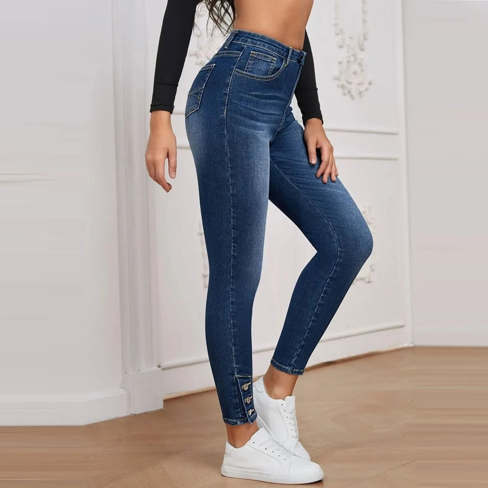 Womens Fashion Trend High Spike Buckle Tight Denim Pants Pantalones De Mujer Pantalona Feminina womens pants 250311