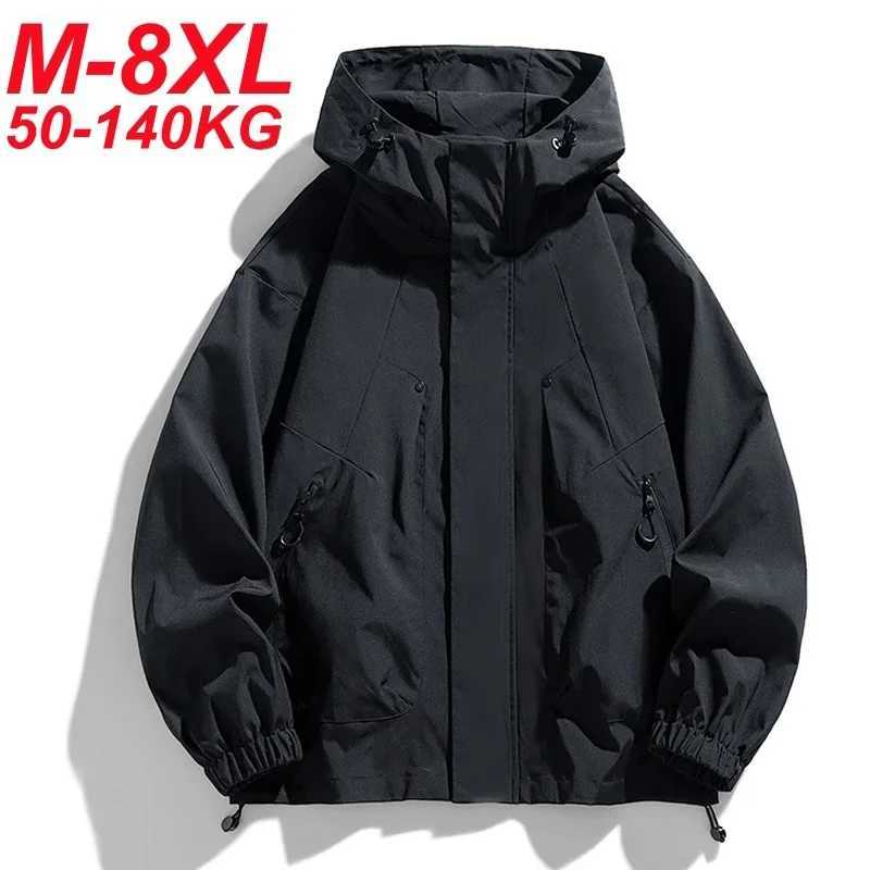 Softshell 8XL Men Jacket Hooded Windbreaker Trench Oversize 6XL 7XL Plus Size Waterproof Black Bomber Camping Loose Thin CoatsT250311