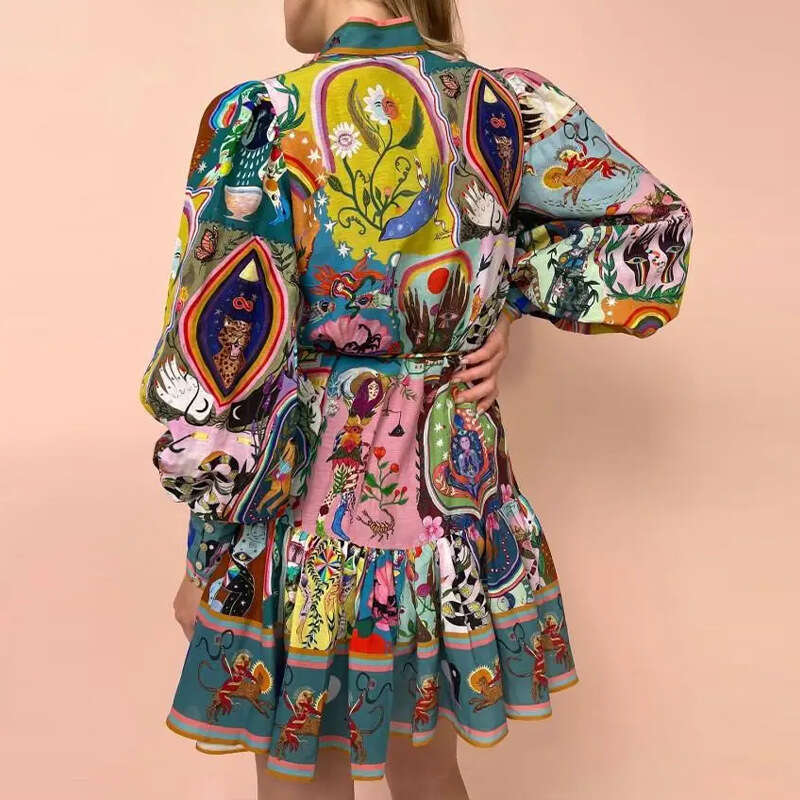 Women's 2025 Spring New Printed Round Neck Waist Strap With Hundred Fold Ruffle Edge Long Sleeve Dress KLMY