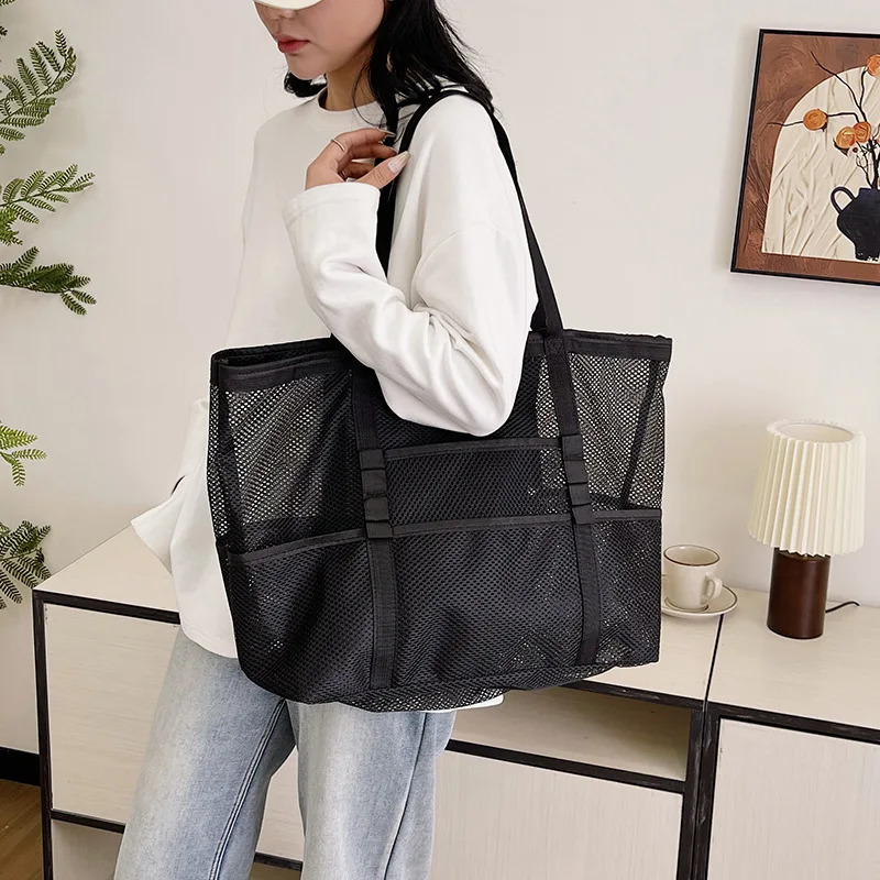 Oversized Shoulder Tote Bags For Women Mesh Fabric Hollow-out Multi-pocket Big Capacity Shopper Beach Handbags 2024 Summer R250311