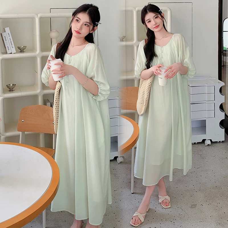 French Style Lantern Sleeves Pregnant Women Dress Button Fly Plus Size Maternity Beach Dress Long Loose Pregnancy Holiday DressT250311