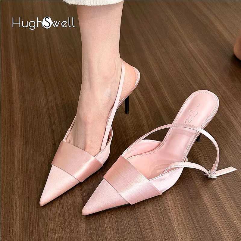 Sier Hot Satin Silk Slingback Shoes Wan Elegant Point Toe Platband Design New Pumps Ladies High Heel Ning Party Sandals Z250311