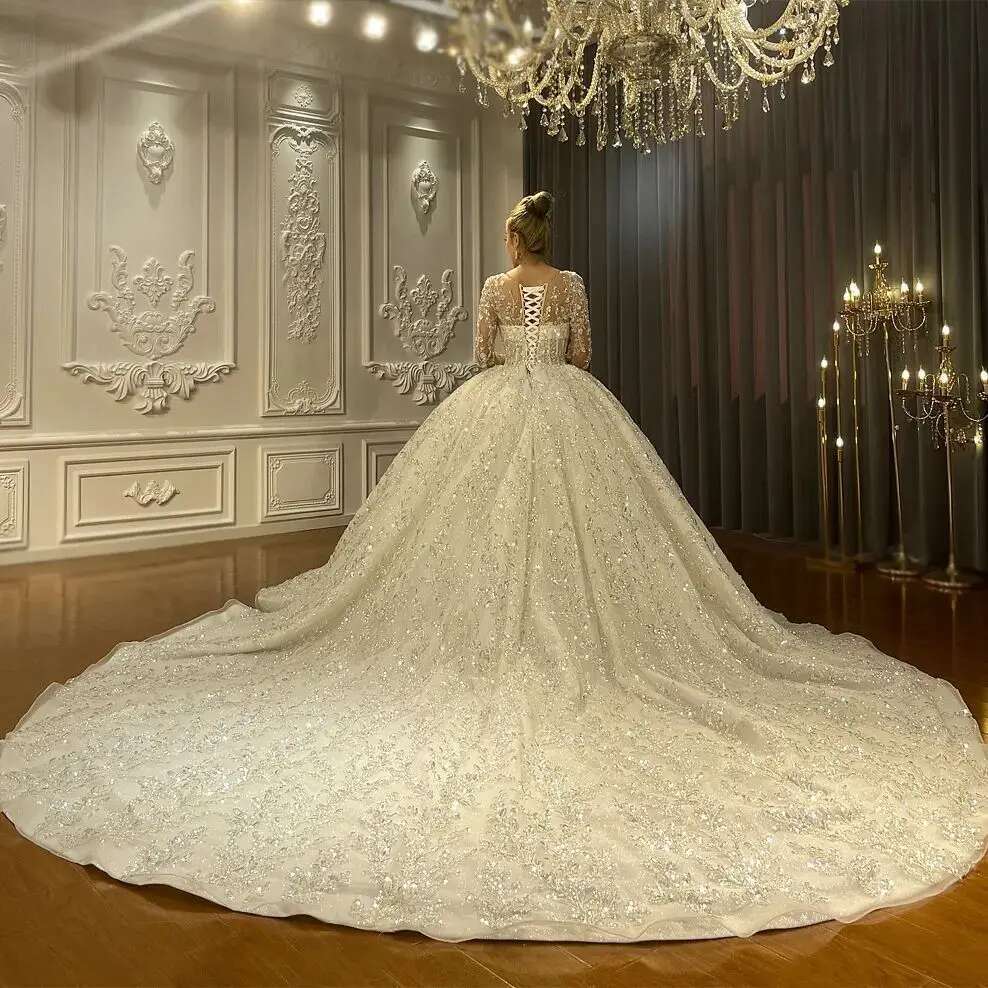 Full Sleeve Lace Arabic Wedding Dresses,uoso Sequin Ball Gown,V Neck Bridal Gown with Detachable Train,Custom Made
