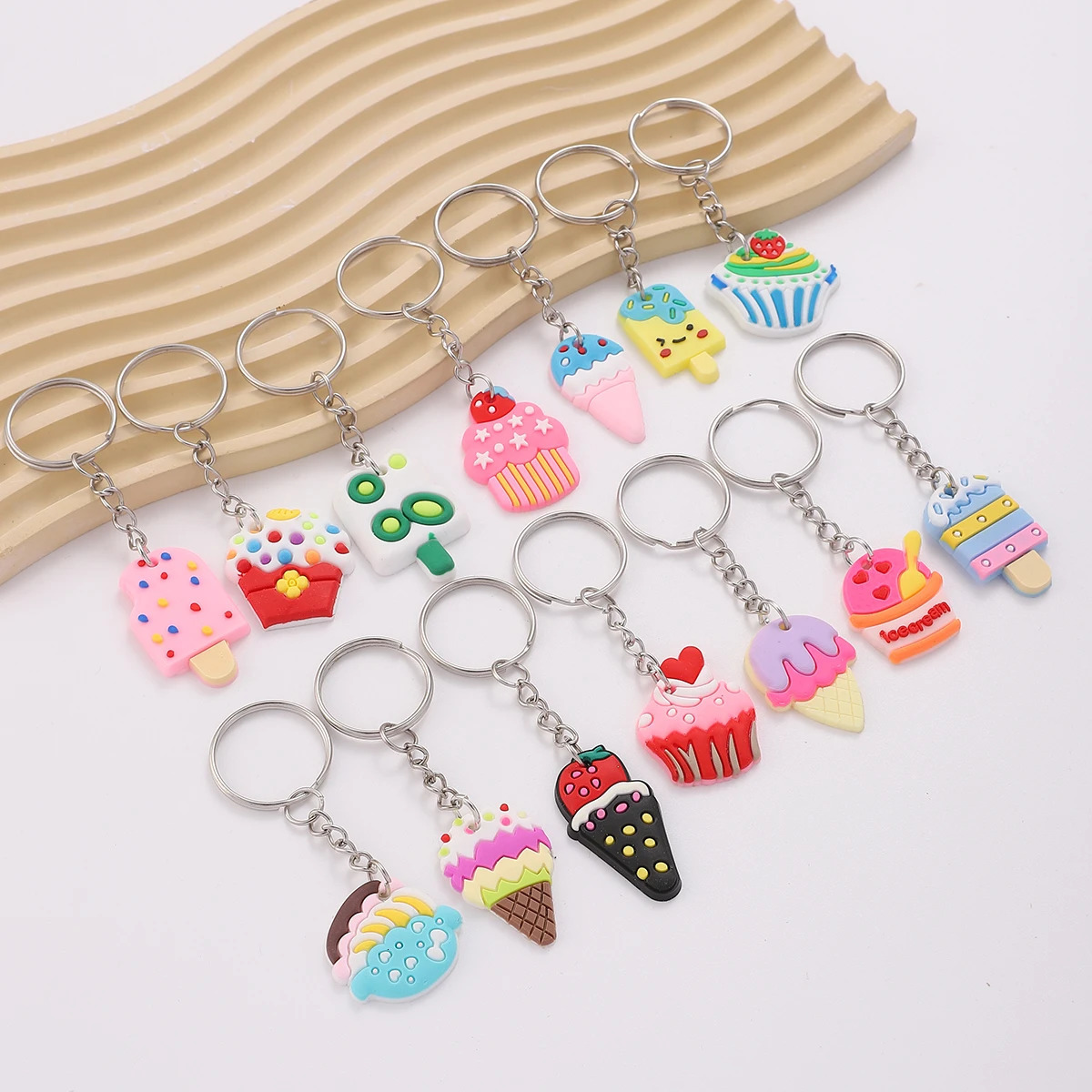 56pcs/set Cartoon Ice Cream Keychain Cute Soft Key Chain Ring Wallet Bag Backpack Charm Birthday Party Decor Women Girls Gift 250305