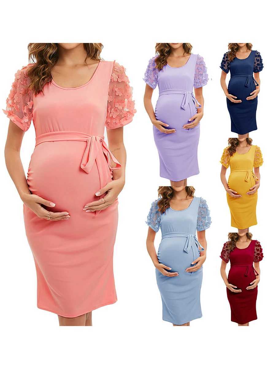 Pregnant Women Dress Flower Mesh Sheer Short Sleeve Crew Neck Slim Midi Dress Summer Casual Maternity Dress X250224