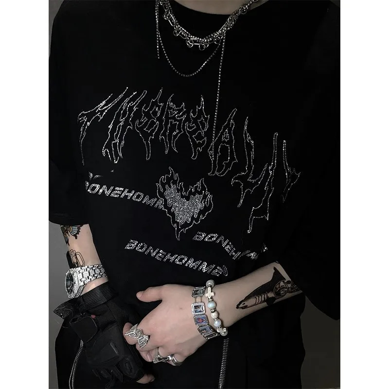Streetwear American Vintage T Shirt Men Women Hip Hop Punk Rhinestone T-shirts Summer Short Sleeve Tops Tees Unisex Y2K Clothes 250310