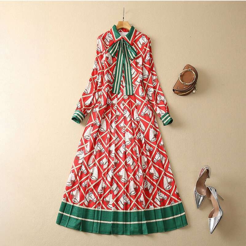 New Horse Head Printed Long Skirt With Elegant Temperament, Contrasting Butterfly Collar Dress For Women