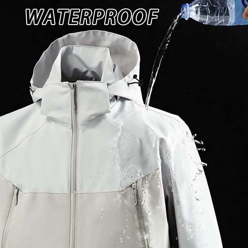 Spring Autumn Men Waterproof Hiking Jacket Women Stitching Color Hooded Windbreaker Outdoor Camping Cycling Casual JacketT250311