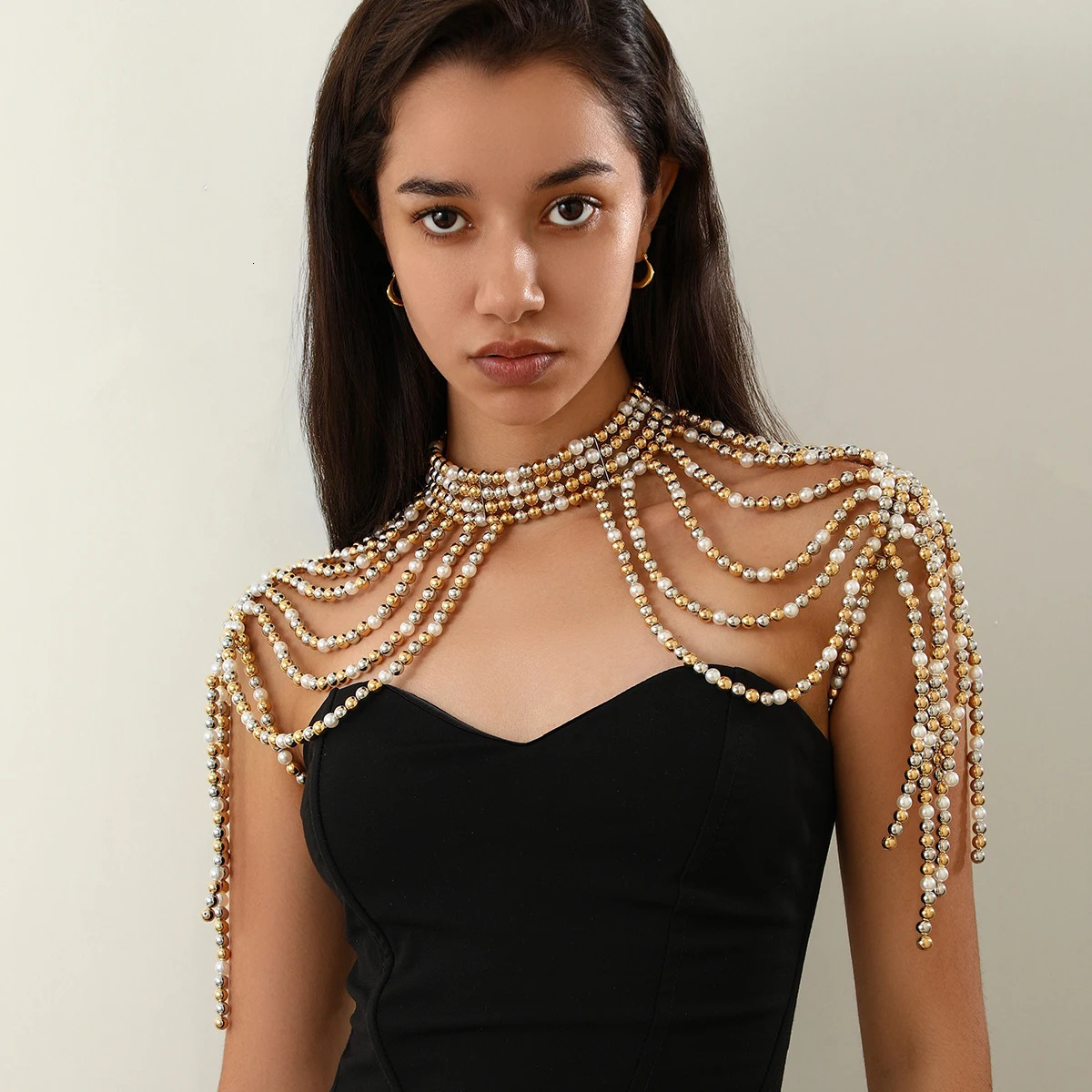 Ingemark Elegant Multilayer Imitation Pearl Shoulder Chain Necklace for Women Wed Bride Goth Tassel Neck Rave Party Body Jewelry 250303