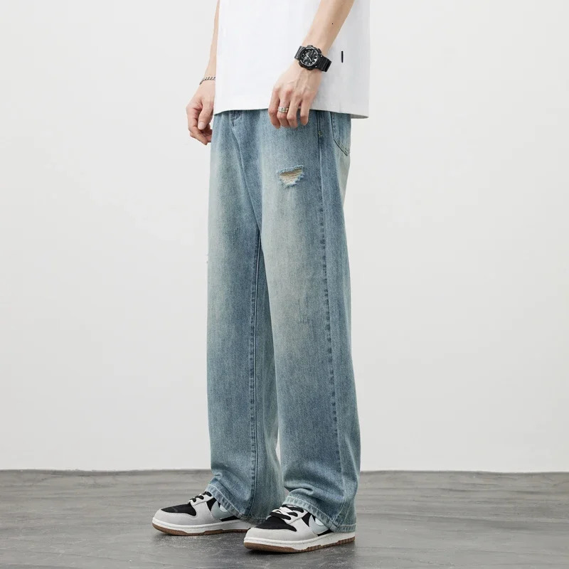 Korea Baggy Jeans Mens Vintage Straight Ripped Y2k Pants Fashion Frayed High Street Distressed Denim Trousers Male Clothes 250311