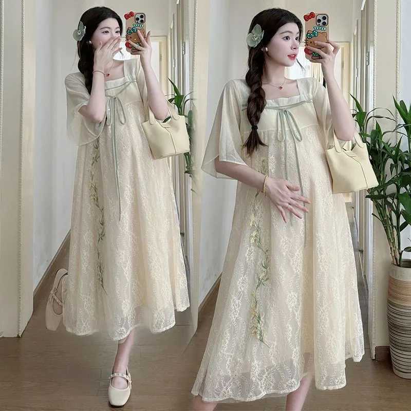 2024 Summer Fashion Square Collar Maternity Dress Chinese Style Short Sleeve Dress Loose Outing Pregnant Womens Skirts LF905T250311
