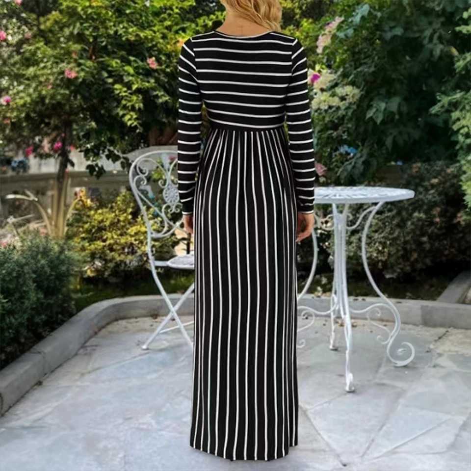 New Maternity Dresses Women 2024 Autumn Winter Long Dress Pregnancy Clothing Fashion Striped Round Neck Pregnant Maxi DressT250311