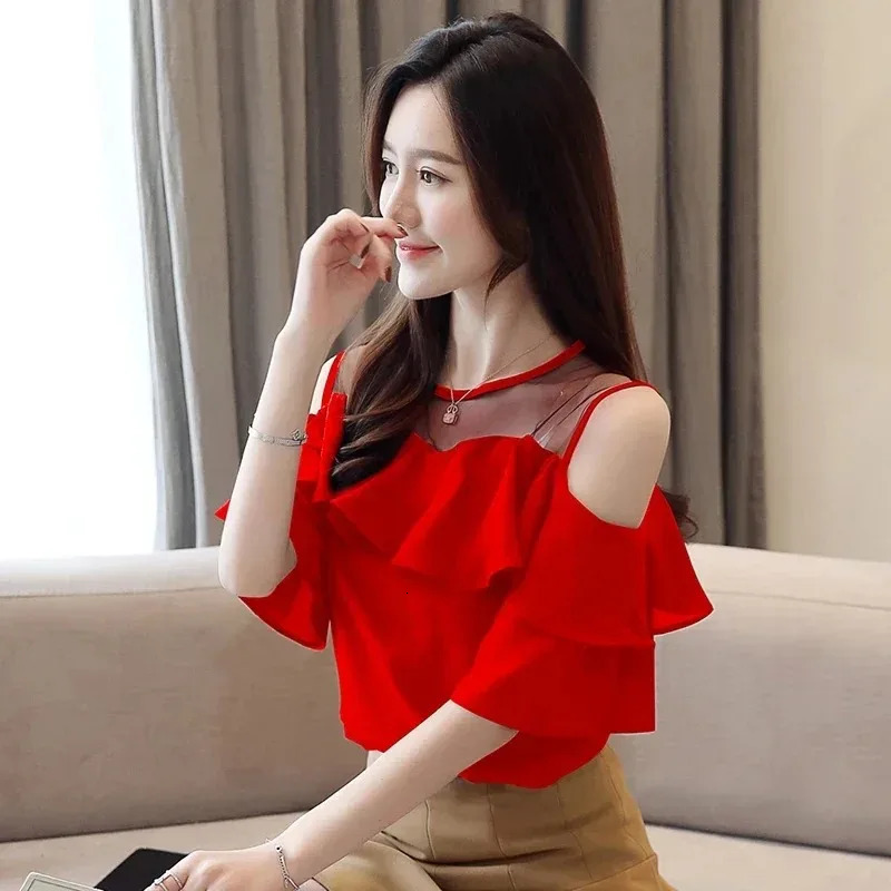 Womens Round Collar Mesh Chiffon Blouse Short Sleeve Ruffles Tops Sexy Off Shoulder Shirt Solid Color Clothes Summer 4206 250310