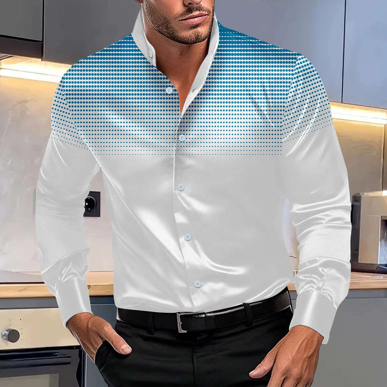 Men's Shirt Spring And Autumn New Style Polka Dot Print Fashion High Street Daily Home Outdoor Leisure Cardigan Long-Sleeved Top