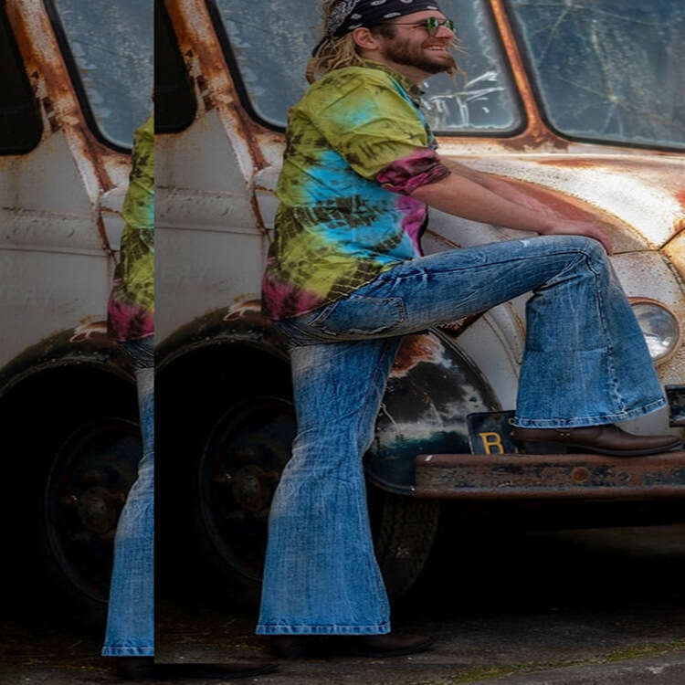 European station ins punk denim blue high waisted embroidered retro men's bell bottom pants 2025 new style chic and elegant clothing