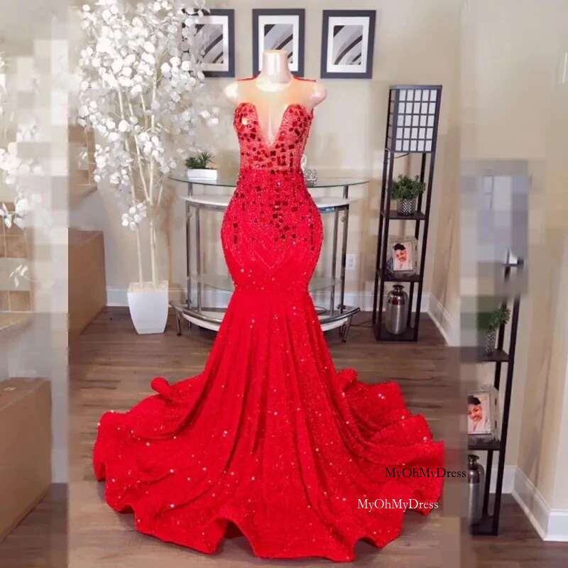2025 Exquisite Red Mermaid Prom Dresses For Women Beading Crystal Birthday Dress Party Gowns Robe Customized