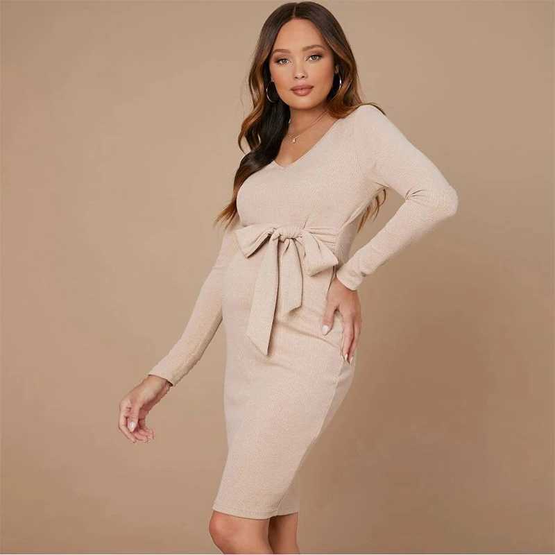 Knit Pregnant Womens V Neck Belted Bodycon Dress Shooting Pregnancy Tight Long Sleeve Elastic Skirt For Maternity Casual ClothesT250311
