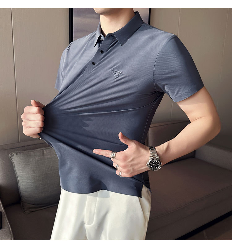 Summer seamless compression glue free short sleeved polo shirt for men, with a sense of ice silk drape, trendy and luxurious men's collar t-shirt
