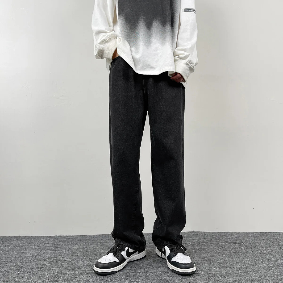 Mens Casual Jeans | Korean Euro US Style Straight Wide Leg Denim Pants Solid Color Trendy n 250311