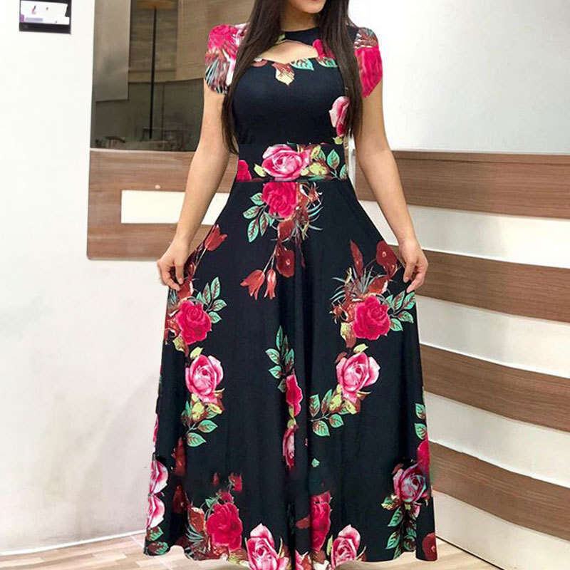 2025 Spring Women's Elegant And Fashionable Printed Round Neck Short Sleeve Grand Swing Dress 661 KLMY
